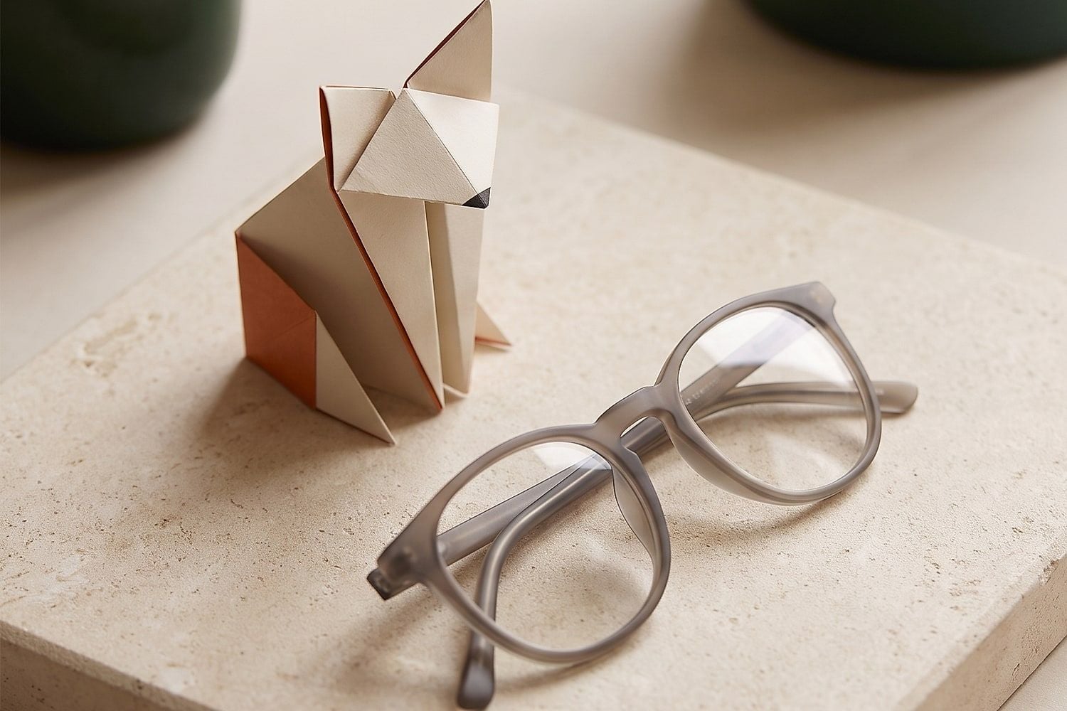 Ein Papierfuchs neben einer Lesebrille auf einer hellen Steinplatte